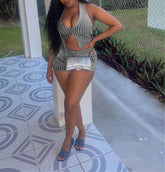 Two Piece Knit Halter Top Shorts Pants